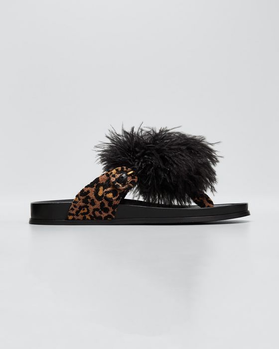 Boudoir Leopard-Print Feather Thong Sandals