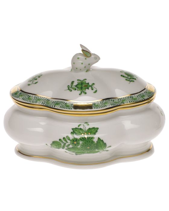 Chinese Bouquet Green Covered Porcelain Bonbon Box with Bunny