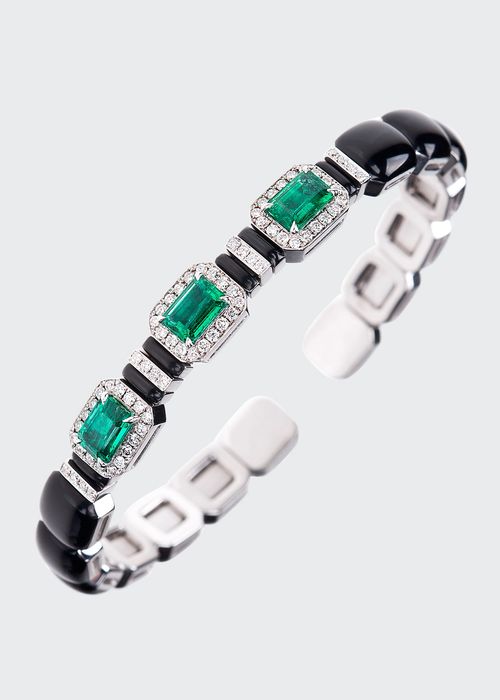 Oui 3-Emerald & Diamond Cuff in 18k White Gold/Enamel