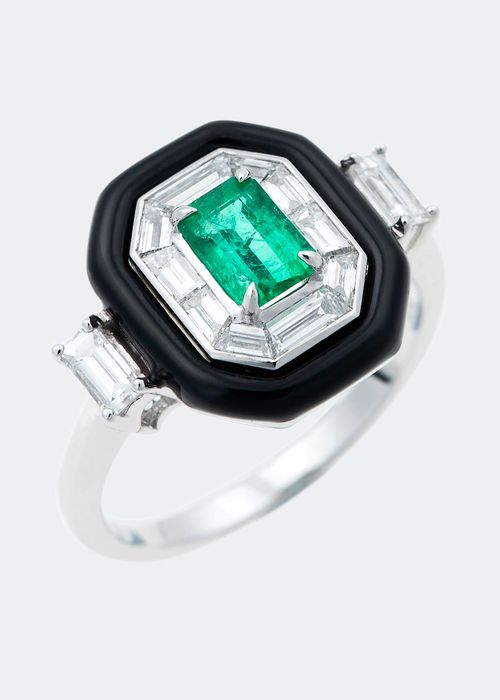 Oui 18k White Gold Black Enamel, Emerald and Diamond Ring