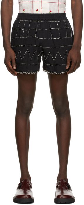 HARAGO Black Check Embroidered Kantha Shorts