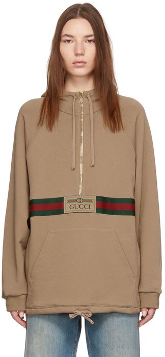 Gucci Beige Logo Web Half-Zip Hoodie