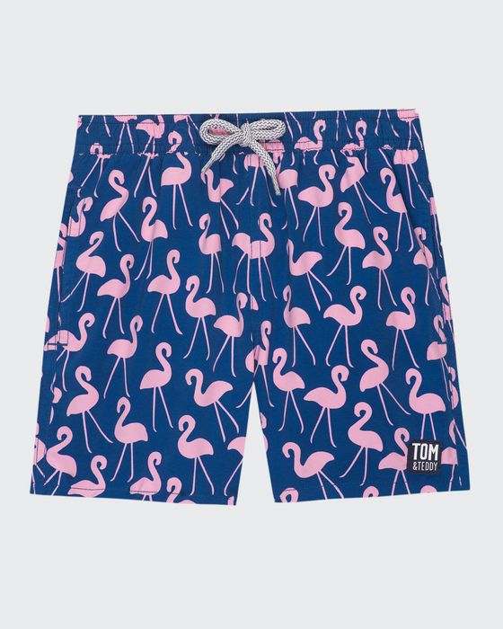 Boy's Flamingo-Print Swim Trunks, Size 1-12