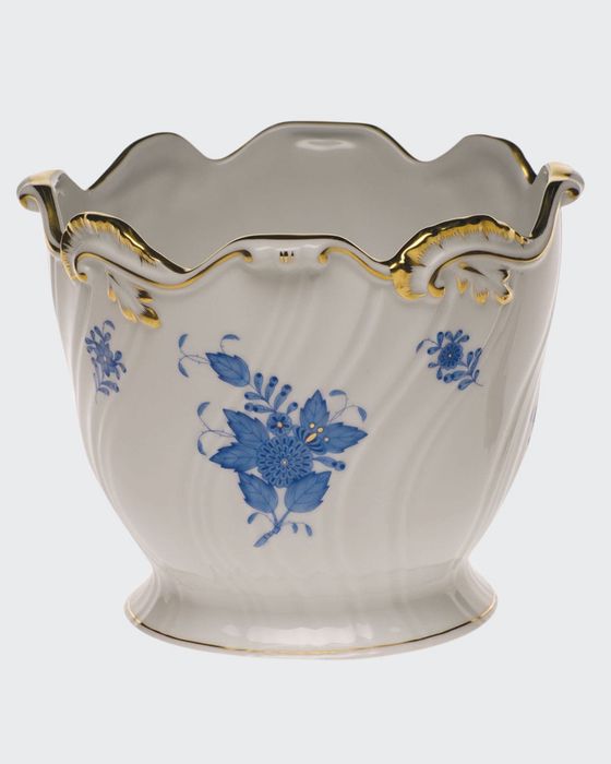 Chinese Bouquet Blue Ribbed Cache Pot