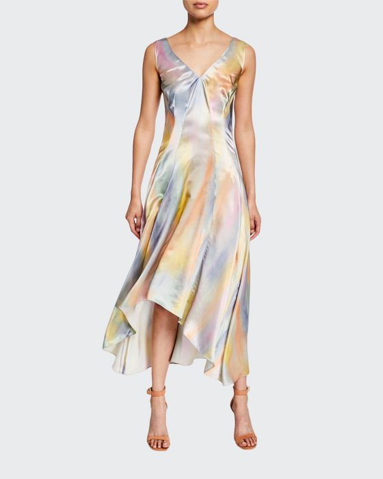 Tie-Dye Satin Asymetric Midi Dress