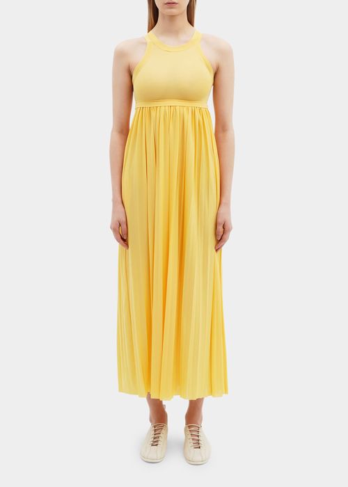 Pleated Scoop-Neck Maxi Dress, Yellow