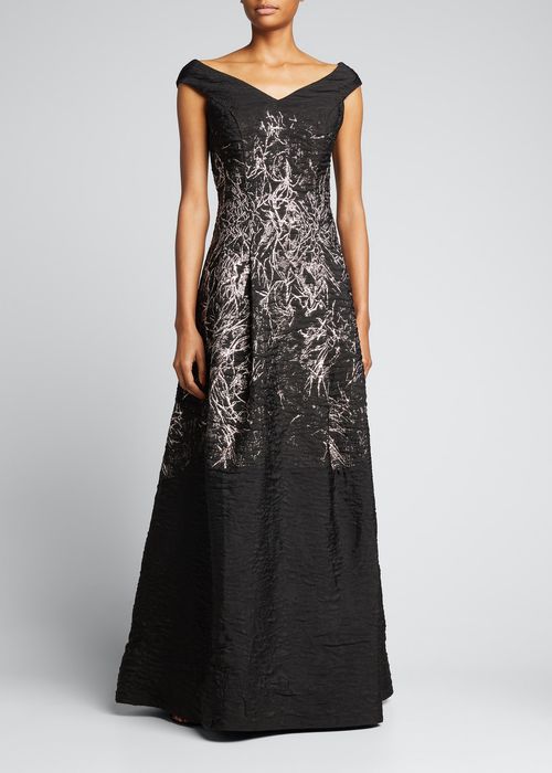 Off-Shoulder Metallic Jacquard Gown