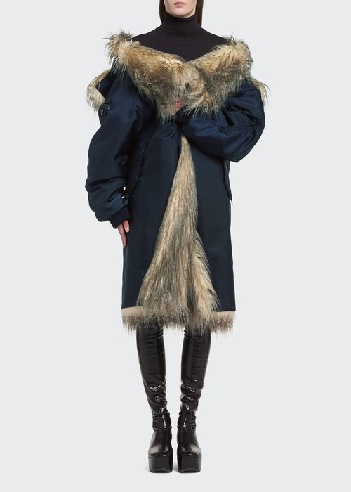 Faux Fur Off-the-Shoulder Re-Nylon Coat