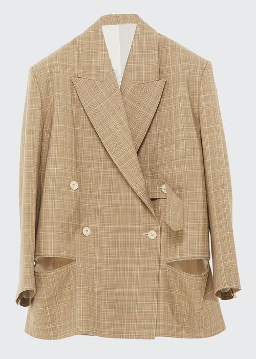 Plaid Double-Breasted Wool Tailored Blazer