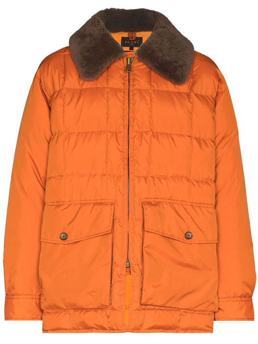 BEAMS PLUS contrasting-collar zip-up padded jacket - Orange