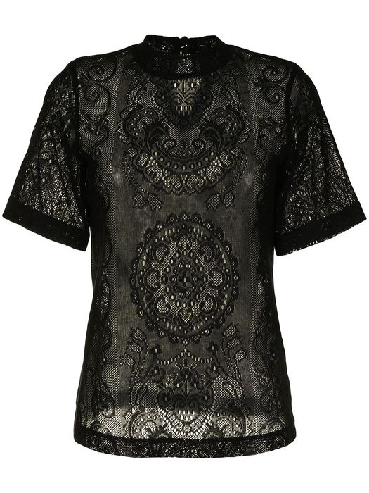 Mame Kurogouchi curtain lace jacquard T-shirt - Black