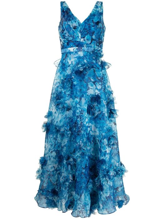 Marchesa Notte appliqué-detail V-neck dress - Blue
