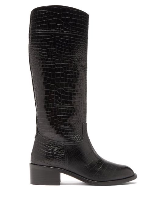 Aquazzura - Petra 45 Crocodile-effect Leather Boots - Womens - Black