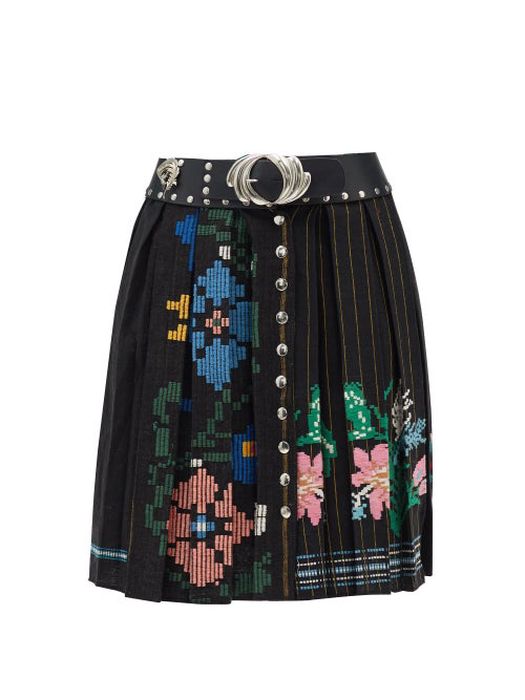 Chopova Lowena - Belted Pleated Embroidered Wool Skirt - Womens - Black Multi
