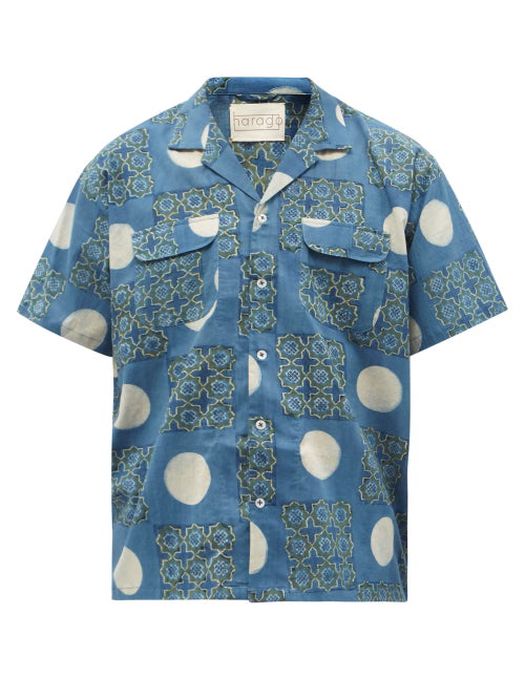 Harago - Block-printed Cotton Short-sleeved Shirt - Mens - Blue Multi
