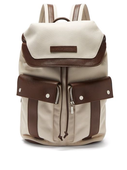 Brunello Cucinelli - Bi-colour Canvas And Leather Backpack - Mens - Cream