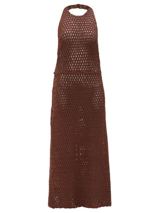 Albus Lumen - Halterneck Crocheted Cotton Dress - Womens - Brown
