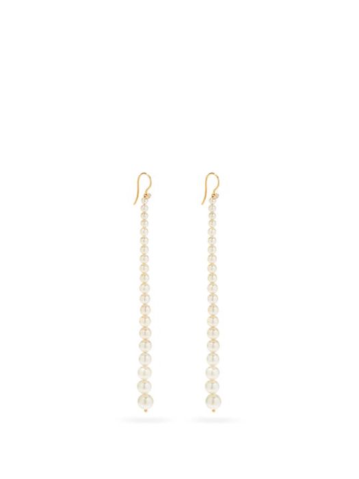 Mizuki - Graduated Diamond, Pearl & 14kt Gold Drop Earrings - Womens - Pearl