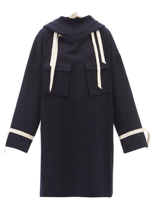 Kuro - Trimmed Hooded Wool Coat - Womens - Navy
