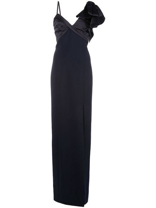 Marchesa Notte asymmetric bow shoulder gown - Black