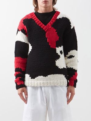 1 Moncler JW Anderson - Abstract-intarsia Hand-knitted Sweater - Mens - Black Red