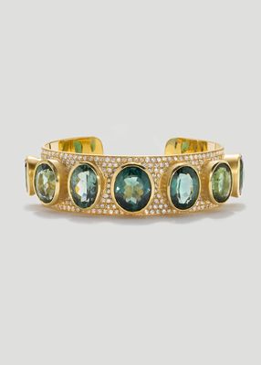 1 Of A Kind 18K Gold Bracelet Bezel Set w/ Indicolite And Green Tourmaline 38.74 ct. And Diamond Pave G-H Color Vs-Si Clarity 8.39 ct.