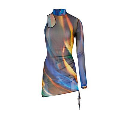 1 Sleeve Printed Net Side Gathering Mini Dress