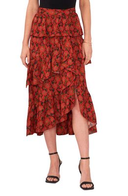 1.STATE Cascade Ruffle Midi Skirt in Studio Red