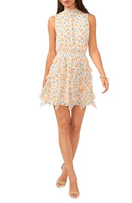 1.STATE Cascading Ruffle Print Sleeveless Minidress in Symphonic Sunset