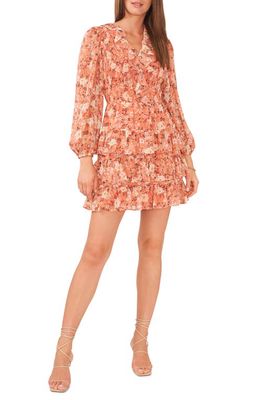 1.STATE Floral Smocked Bodice Ruffle Long Sleeve Minidress in Peach/Multi