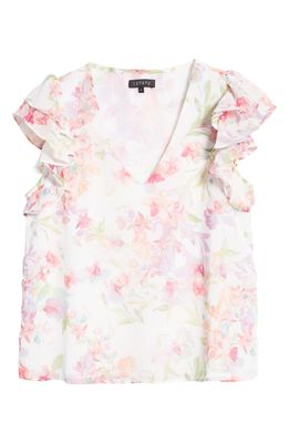 1.STATE Flutter Sleeve Chiffon V-Neck Top in White/Floral Print