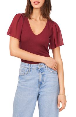 1.STATE Flutter Sleeve Rib Knit T-Shirt in Deep Red