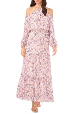 1.STATE Halter Neck Cold Shoulder Long Sleeve Maxi Dress in Ivory/Pink Multi