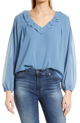 1.STATE Long Sleeve Ruffle Blouse in Porcelain Blue