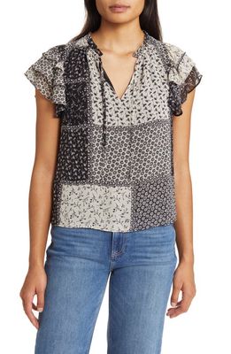 1.STATE Mixed Print Tie Neck Top in Rich Black