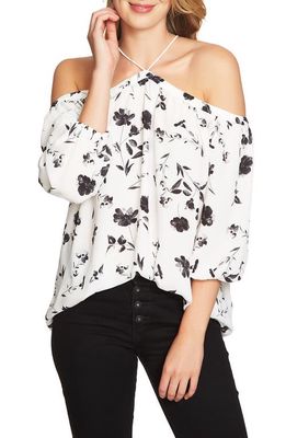 1.STATE Off the Shoulder Sheer Chiffon Blouse in Ivory Multi