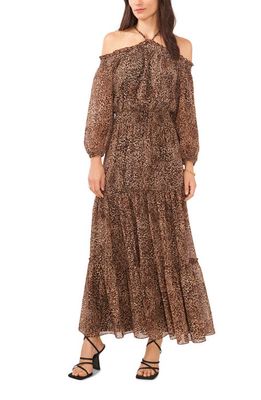 1.STATE Print Off the Shoulder Long Sleeve Maxi Dress in Beige Leopard Muses