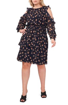 1.STATE Ruffle Floral Cold Shoulder Long Sleeve Dress in Dark Blue/Multi