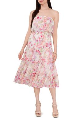1.STATE Strapless Tiered Ruffle Midi Dress in White/Pink