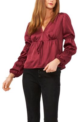 1.STATE Tie Front Satin Blouse in Napa Wine
