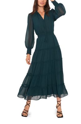 1.STATE Tie Neck Long Sleeve Tiered Maxi Dress in Ponderosa Pine