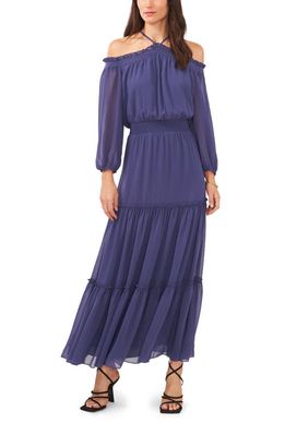 1.STATE Tiered Off the Shoulder Long Sleeve Maxi Dress in Deep Mineral Blue