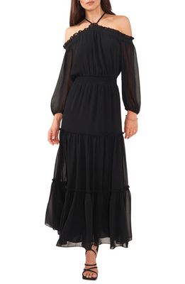 1.STATE Tiered Off the Shoulder Long Sleeve Maxi Dress in Rich Black