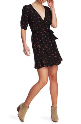 1.STATE Woodland Floral Print Wrap Dress in Black/Cherry Red