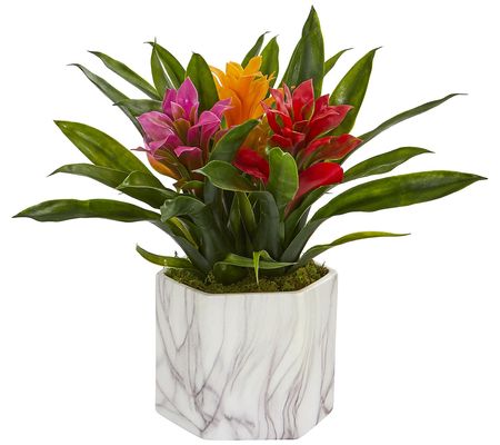 11" Bromeliad in Marble Finished Vase by Nearly Natural