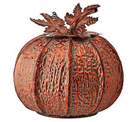 12" Antiqued Copper Pumpkin with Vine & Leaves by Valerie