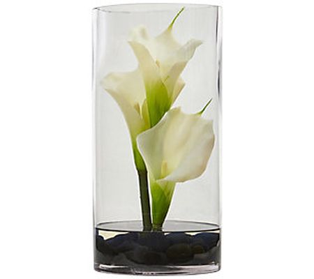 12" Calla Lily in Cylinder Glass Vase by Nearly Natural