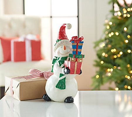 12" Snowman Figure in Santa Hat Holding Gifts by Valerie