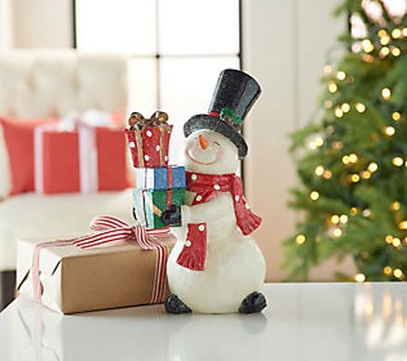 12" Snowman Figure in Top Hat Holding Gifts by Valerie