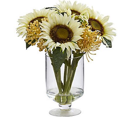 12" Sunflower Sedum Arrangement in Vase by Near ly Natural